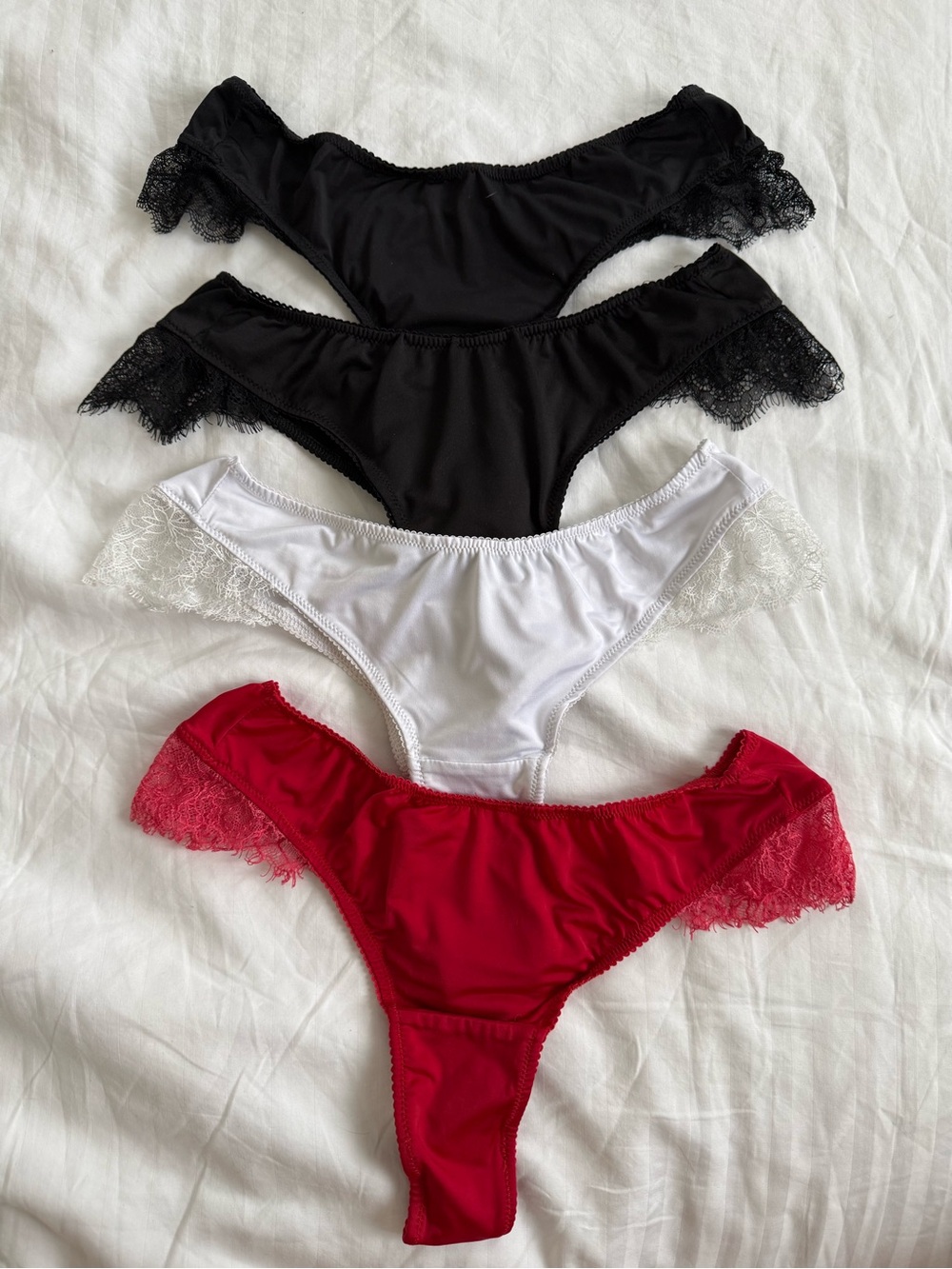 Women's Lace-Trim Bikini & Thong Panty Set - Black, White, Red